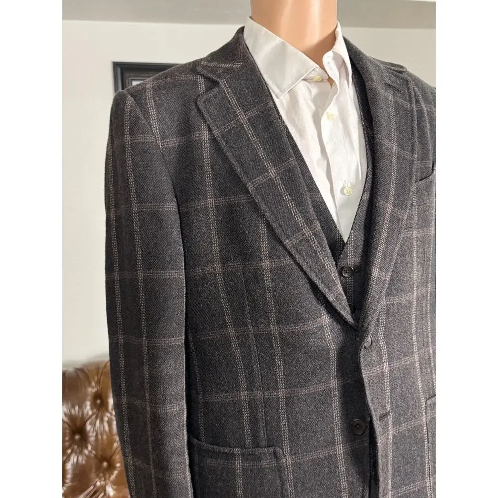 Tom Ford Brown Windowpane Tweed Wool Silk 3Pc Suit 50 40R 34x30 Trousers